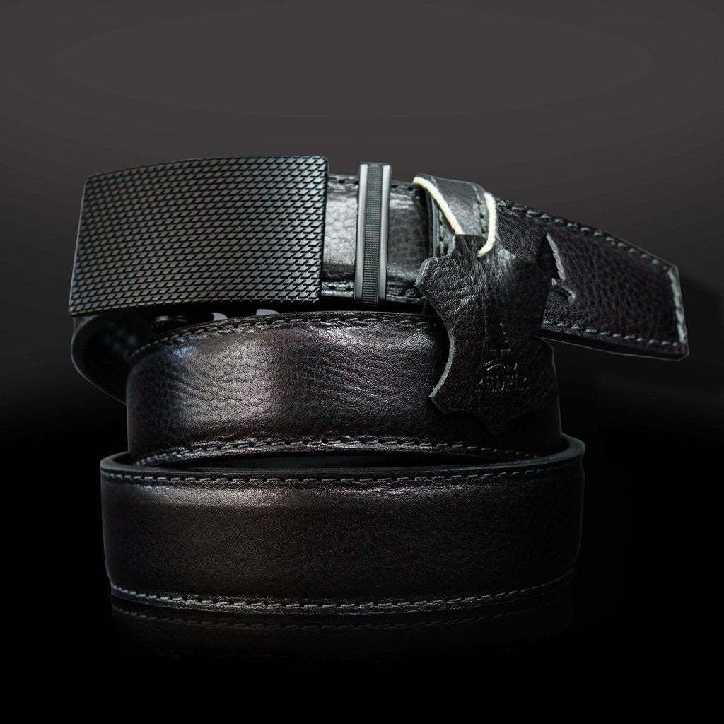 Black Noir men's leather belt with Black stripes buckle