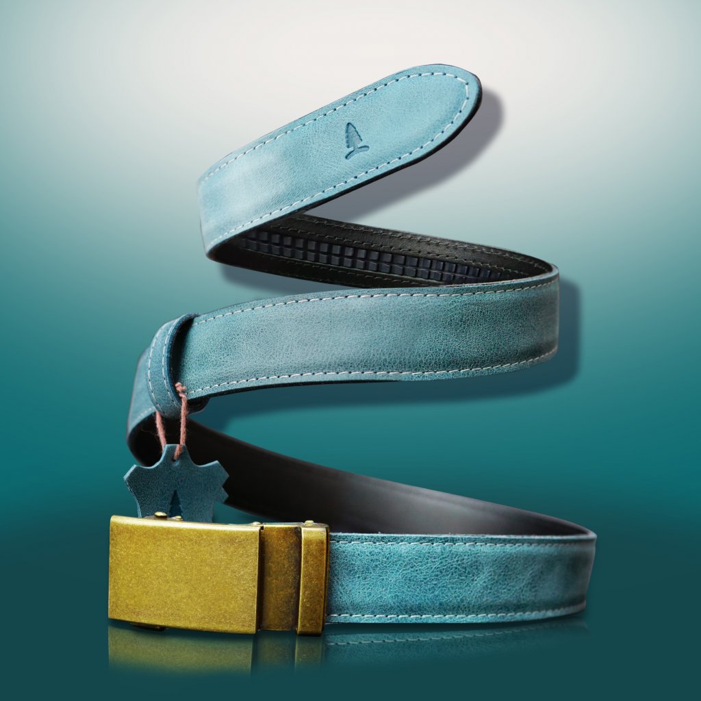 Women's blue Versailles leather belt with Dark brass buckle