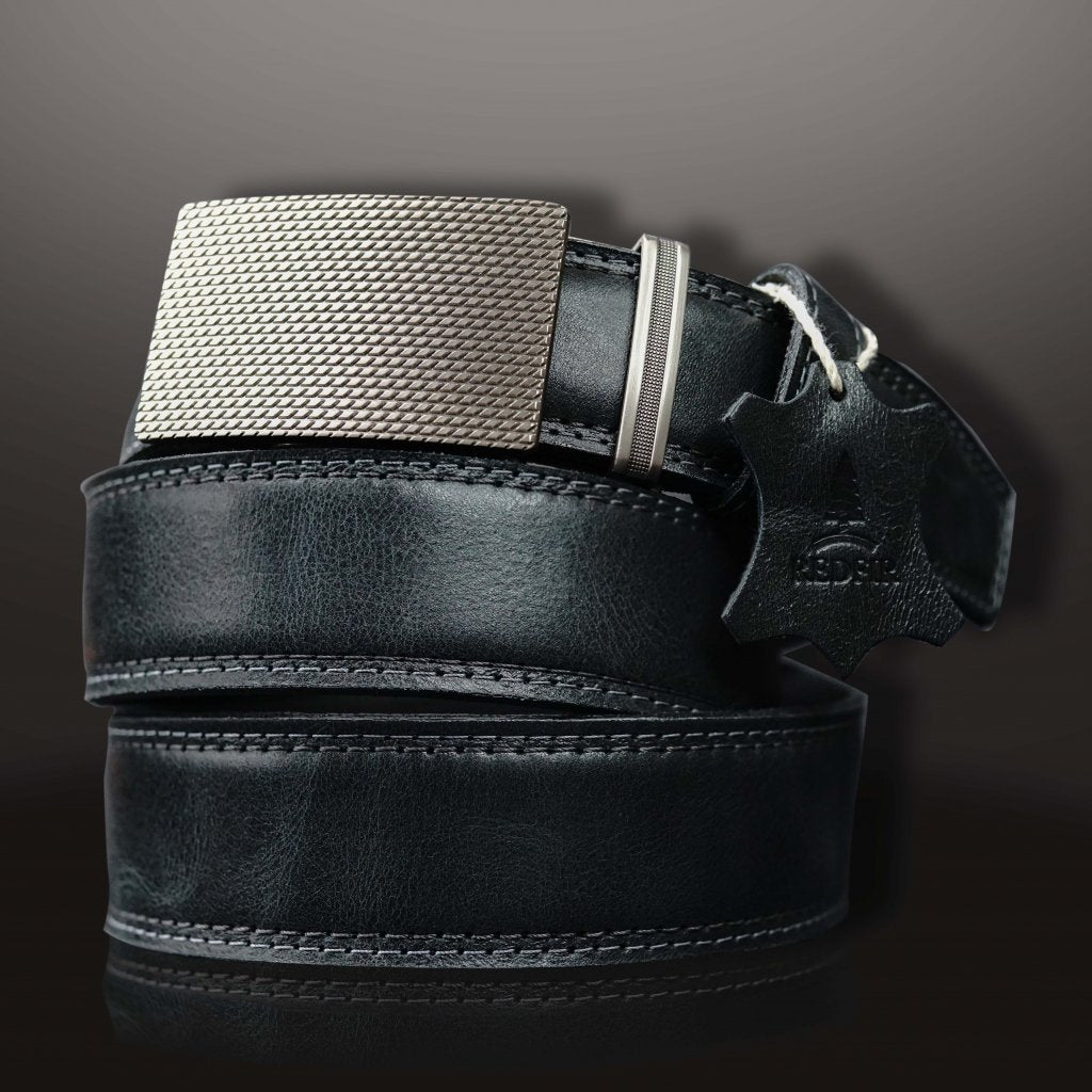 Storm dark gray men's leather belt with Silver stripes buckle 