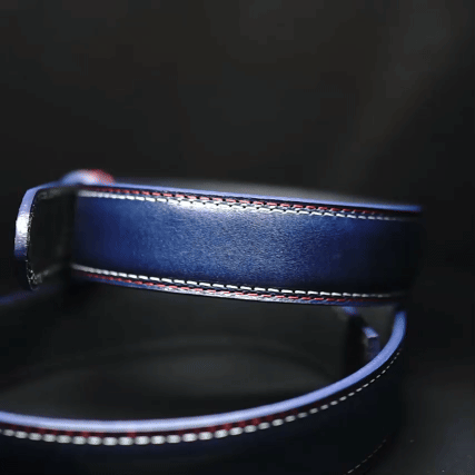 Unique men's blue leather belt with Silver stripes buckle 
